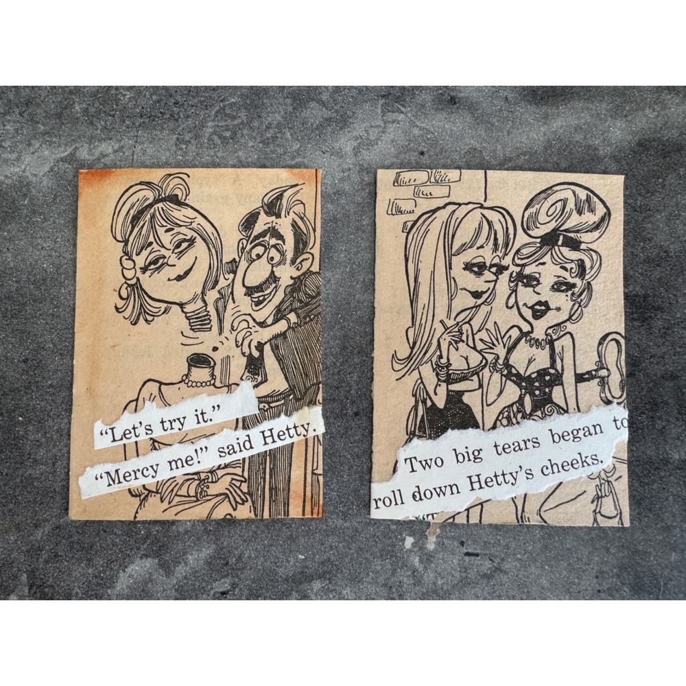 2 Surreal Mixed Media Collage Cards Vintage Cartoon Art Ephemera Junk Journal